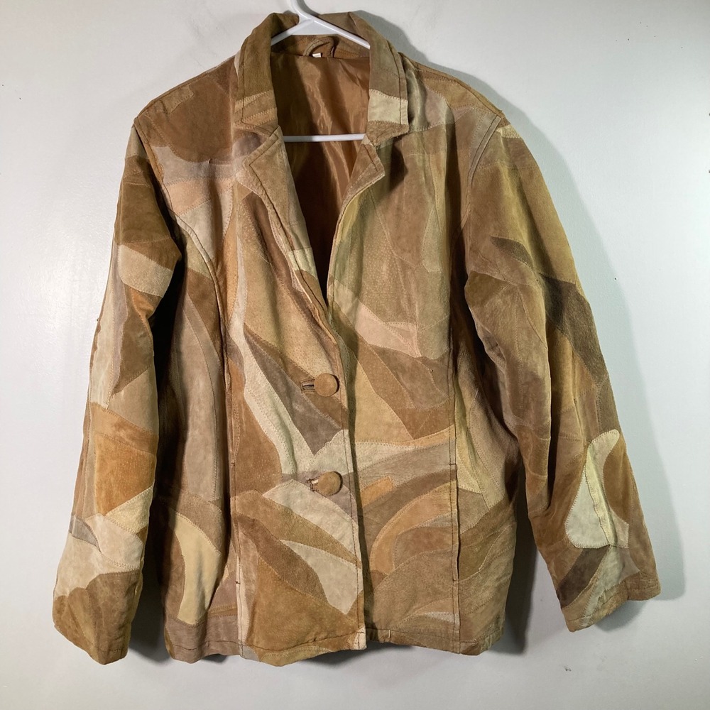Womens Suede Patchwork Leather Jacket Tan Brown 2X Leather Polyester